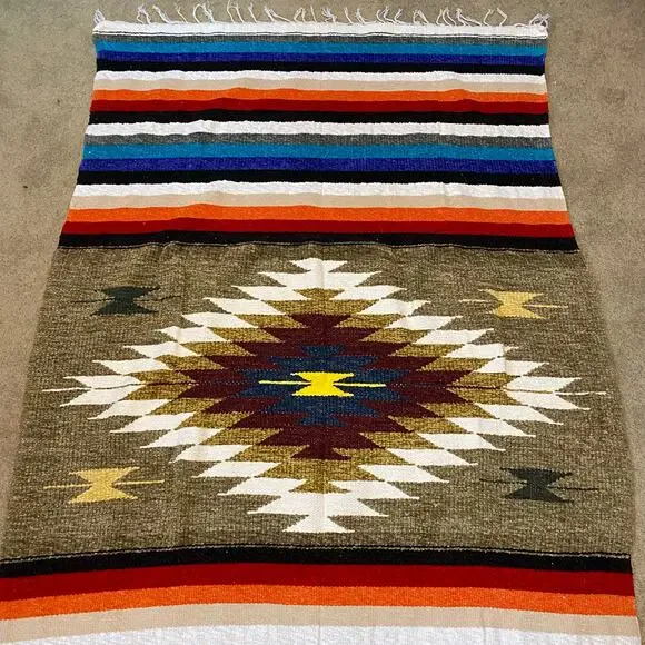 VTG Handmade Blanket Rainbow Woven Blanket Striped Aztec Native American 45x79 - Picture 2 of 7